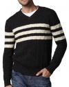 Vince Mens Cabled V-Neck Wool Black Sweater Stripes Long Sleeves