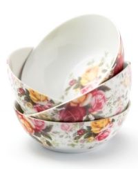 Inspired by traditional floral pottery, Country Rose Chintz bowls evoke all the elegance of the original Old Country Roses pattern but with a more casual feel. Lush pink and gold blossoms thrive on a ground of crisp white porcelain. (Clearance)