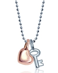 A rose gold plated mini heart charm and sterling silver key charm on a ball chain necklace. From Alex Woo.