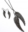 Elegant Rhodium Plated Gun Metal Black Angel Wings Necklace and Earrings Set