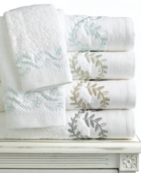 All natural. Fresh white cotton bath towels embroidered with delicate scrolling vines give the Trousseau Leaf wash cloth an easy, timeless elegance. With the impeccable styling of Martha Stewart Collection.