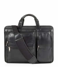 Two compartments are better than one. This handsome over-the-shoulder carry case, constructed of supple full-grain cowhide leather, features a spacious main compartment with accordion file for document organization and a padded area to protect your laptop from everyday bumps and bruises. A set of organizer pockets line the front face for easy access to accessories and other essentials. One-year limited warranty.