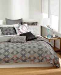 Soothing grey tones combine with pops of color in this Seneca duvet cover from Bar III, featuring a modern geometric diamond pattern for a look of casual style.