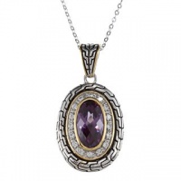 Sterling Silver Two-Tone Amethyst CZ Oval Pendant with 18 Chain