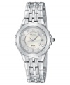 A sophisticated and feminine watch from Seiko, in polished stainless steel for lasting luster. Silvertone stainless steel bracelet and round case. Round mother-of-pear dial with logo, crystal accents and roman numeral indices. Quartz movement. Water resistant to 50 meters. Three-year limited warranty.