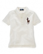 A short-sleeved polo shirt is cut in soft, breathable cotton mesh with a multicolored Big Pony for a classic look.