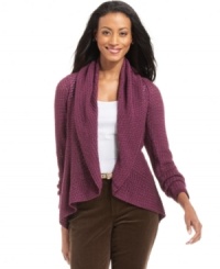 Charter Club's easy petite cardigan features a draped open front and textured knit for a cozy look and feel. (Clearance)