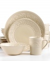 Embossed with graceful vines, the Signal Hill dinnerware set imparts a romantic, old-world charm on any casual setting. Featuring a serene cream color in durable stoneware.