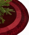 Accessories make the tree. Burgundy-colored velvet embroidered with an elegant vine motif make this tree skirt a celebrated addition to any spruce, pine or fir.