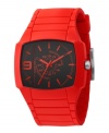 Devilishly fun. Stir up trouble with this candy apple red watch by Diesel. Red silicone strap and square red silicone-plated stainless steel case, 48x43mm. Black dial features applied red stick indices, minute track, numeral at nine o'clock, military time, three hands and logo. Quartz movement. Water resistant to 50 meters. Two-year limited warranty.