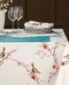 Set the scene for spring with Chirp table linens. Watercolor-inspired birds and florals from the beloved Lenox pattern thrive on the microfiber table runner, featuring strands of tonal beads on white, easy-care polyester.