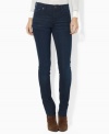 A chic skinny silhouette lends contemporary polish to Lauren Jeans Co.'s classic denim jean, rendered with a hint of stretch for a flattering fit.