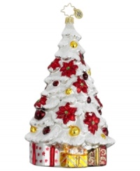 A mini tree complete with a plethora of mini presents, this elegant ornament from Christopher Radko sets a festive mood with traditional red and gold hues and frosty glitter accents.