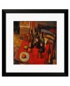 Model your kitchen table after this vibrant still life. Wine bottles and fresh fruit on a fiery red mat invigorate contemporary decor. A simple black frame and white mat add a polished finish.