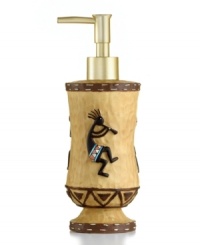 Revered by Native Americans, Kokopelli gives your bathroom an authentically Southwestern vibe. Saddle stitching frames the dancing deity on this dimpled soap and lotion dispenser. With a goldtone pump.