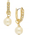 Drop everything for these elegant earrings from Charter Club. A pretty acrylic pearl hangs from a pave stone-accented hoop. Crafted in gold tone mixed metal. Approximate drop: 1 inch.