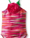 Love U Lots Girls 2-6X 1 Piece Swimsuit Multicolor Novelty Stripe With Flower, Multi, 2t