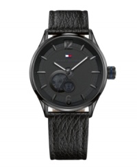 Go against the grain with this textured leather watch from Tommy Hilfiger. Crafted of black textured leather strap and round black ion-plated stainless steel case. Black dial features numerals at twelve and six o'clock, applied stick indices, white hour and minute hands, black second hand, and iconic logo at twelve o'clock. Automatic movement. Water resistant to 30 meters. Ten-year limited warranty.