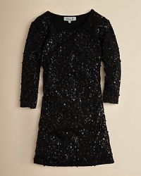 Tonal sequins sparkle from this stylish ponte knit dress from Elisa B. Three quarter sleeves ramp up the trend cred.