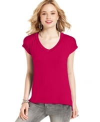 Tee-up with Pink Rose! Featuring raglan-style cap sleeves and a hem that dips low at the back, this top is a cute update to your favorite basic!