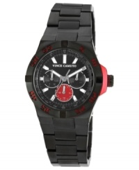 Red and ready to go, this Vince Camuto watch keeps the pace in black steel.