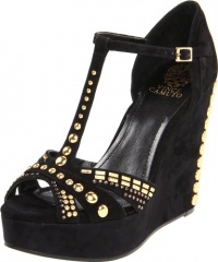 Vince Camuto Women's Simonas Wedge Sandal,Black/Karat Gold/True Sue/Cow Crackle,8 M US