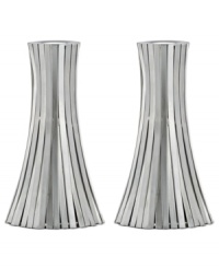 Always shining, the Silver Vertical Bound candlestick from Donna Karan Lenox is wrapped in long metal channels that overlap to create a simple cone shape.