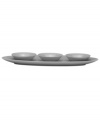 A modern balance. Create a sense of effortless urban luxury with the Matte & Shine hors d'ouvres tray, featuring three minimalist dip bowls, a slate glaze and tonal banding by Donna Karan Lenox.