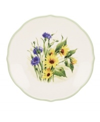 Garden party. The Floral Meadow Sunflower accent salad plates bring eternal spring with a bouquet of indigo and gold rooted in resilient everyday porcelain. A scalloped edge adds to the charm of the graceful mix-and-match Lenox collection. (Clearance)