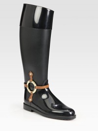 An asymmetrical rainy weather staple with matte paneling, a logoed goldtone buckle and contrasting leather straps. Rubber heel, 1 (25mm)Shaft, 16¼Leg circumference, 14Rubber upper with leather strapsRubber solePadded insoleMade in Italy