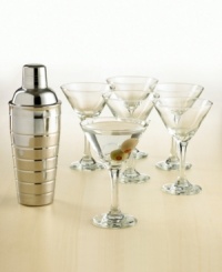 Call up your cocktail friends. This party-perfect set of six martini glasses and one cocktail shaker is crafted for timeless style and everyday durability. Includes six 9.25 oz. wine glasses and one 26 oz. stainless steel shaker.