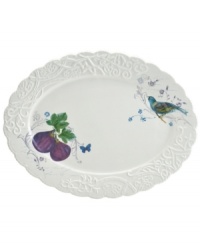 Ripe for the table, the Antique Countryside Fig oval platter exudes charm with embossed vines and colorful nature scenes in traditional white stoneware. Complements Italian Countryside and Antique White dinnerware, also by Mikasa.