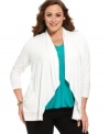 Layer your look this season with Alfani's three-quarter sleeve plus size cardigan, featuring an open front design.