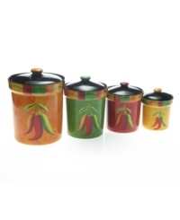 Get it while it's hot. Caliente canisters from Certified International feature a fiery palette and pepper design that's sure to spice up any kitchen. In four sizes and colors.