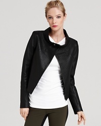 This Theory jacket is cropped, unmistakably chic and rendered in striated lambskin leather--make your fall debut in the it look of the season.