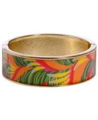 Channel the exoticism and energy of Brasil in Haskell's inspired skinny bangle. The Palm bangle features a multicolored palm leaf print design, set in gold tone mixed metal with a hinge clasp. Approximate diameter: 2-1/2 inches. Approximate length: 8 inches. Item comes packaged in an orange gift box.