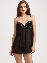 Contrast embroidered lace cups and an alluring mesh body create a sophisticated after dark ensemble, teamed with a sexy G-string.Adjustable twin shoulder straps Padded cups with embroidered lace overlay Elastic Empire waist Mesh body Lettuce edged hem Matching G-string About 27, from shoulder to hem Babydoll: 80% polyamide/16% elastane/4% viscose G-string: 98% polyamide/2% cotton Hand wash Made in Italy