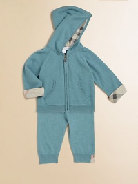 A precious set for baby crafted from the finest blend of cashmere and cotton with classic check lining for comfy, cozy style. Hoodie Attached hoodLong raglan sleeves with check-lined cuffsFull-zip frontSplit kangaroo pockets Pants Elastic waistband50% cashmere/50% cottonDry cleanImported