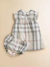 Dress your little girl in elegant, subdued checks with an Empire waist, ruffle trim and matching bloomers.Peter Pan collar Decorative front buttons Sleeveless with ruffle trim Back button closure Bloomers have elastic waist and leg openings Cotton Machine wash Imported Please note: Number of buttons may vary depending on size ordered. 