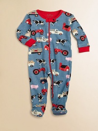 Trucks, tractors and fun farm friends adorn a charming print footie to keep your little one comfy.Ribbed crewneckSnap neck tabFront and leg zipperLong sleeves with contrast ribbed cuffsFeet with non-slip dots on solesCottonMachine washImported