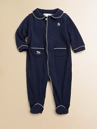 Charming touches of embroidery and contrast piping finish an essential coverall that is crafted from soft pima cotton.Peter Pan collarLong sleeves with ribbed cuffsConcealed snap frontHidden bottom snapsPima cottonMachine washImported Please note: Number of buttons/snaps may vary depending on size ordered. 