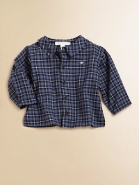 A not-so-basic cotton button-down is ultra-handsome in a snazzy plaid print.Point collarLong sleeves with button cuffsButton-frontCottonMachine washImported Please note: Number of buttons may vary depending on size ordered. 