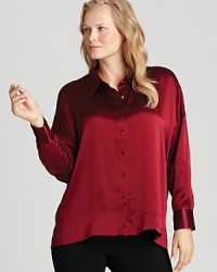 Hammered silk lends luminous dimension to a richly-hued Eileen Fisher shirt for an effortlessly romantic look.