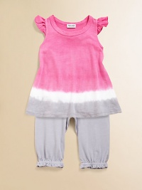 A charming ombré tunic meets a cozy pair of matching pants with ruffled trim for a cute and colorful ensemble.Round necklineRuffled cap sleevesPullover styleElastic waist and hem50% pima cotton/50% modalMachine washImported