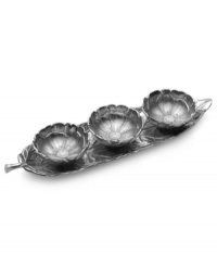 Petal to the metal. Mikasa's Botanical Flower condiment set creates a fresh presentation with lifelike texture and shaping in radiant nickel plate. Featuring three blossoming bowls in a leaf-shaped tray.