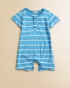 Handsome stripes, layered-look short sleeves and a side patch pocket make this adorable little playsuit a must-have for your little one.CrewneckShort sleevesButton-frontBottom snaps39% supima pima/39% micro modal/22% polyesterMachine washImported Please note: Number of buttons and snaps may vary depending on size ordered. 