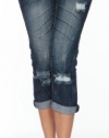 (HR3055) Dollhouse Juniors Studded and Distressed Cuffed Dark Denim Capri in Harlow Size: 9