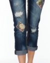 (HU3100) Dollhouse Juniors Flower Patch Distressed Cuffed Dark Denim Capri in Hunter Size: 5