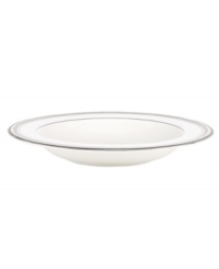 Dressed in soft grays and ribbons of platinum, the Palmetto Bay rim soup bowl by kate spade makes your table a destination for modern elegance.