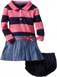 Nautica Sportswear Kids Baby-girls Infant Long Sleeve Striped Rugby Top With Attached Chambray Skirt, Medium Pink, 24 Months